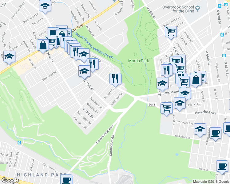 map of restaurants, bars, coffee shops, grocery stores, and more near Pennwood Road in Philadelphia