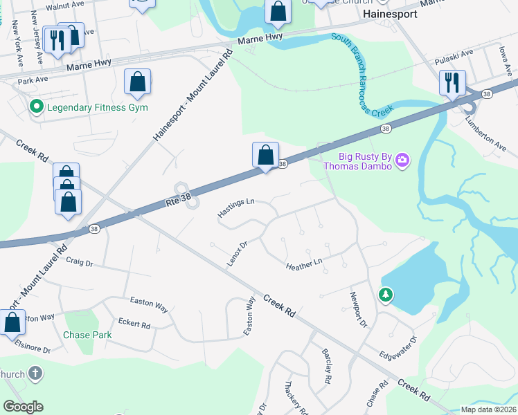 map of restaurants, bars, coffee shops, grocery stores, and more near 103 Hastings Lane in Hainesport