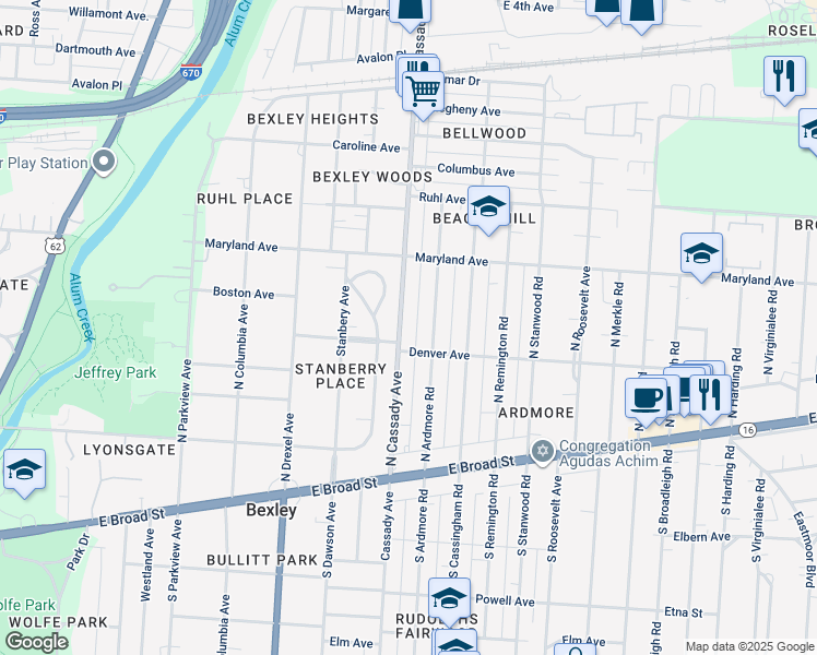 map of restaurants, bars, coffee shops, grocery stores, and more near 208 North Cassady Avenue in Columbus