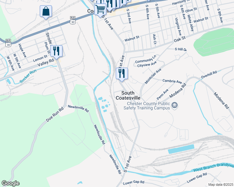 map of restaurants, bars, coffee shops, grocery stores, and more near 114 Gibbons Avenue in Coatesville