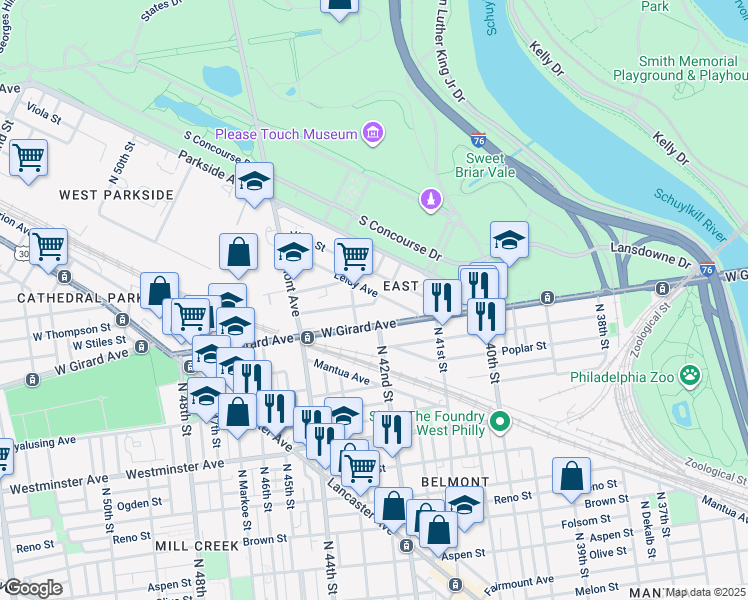 map of restaurants, bars, coffee shops, grocery stores, and more near 4152 Leidy Avenue in Philadelphia