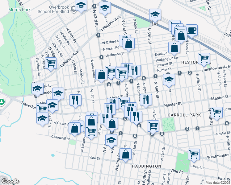 map of restaurants, bars, coffee shops, grocery stores, and more near 1552 North Felton Street in Philadelphia