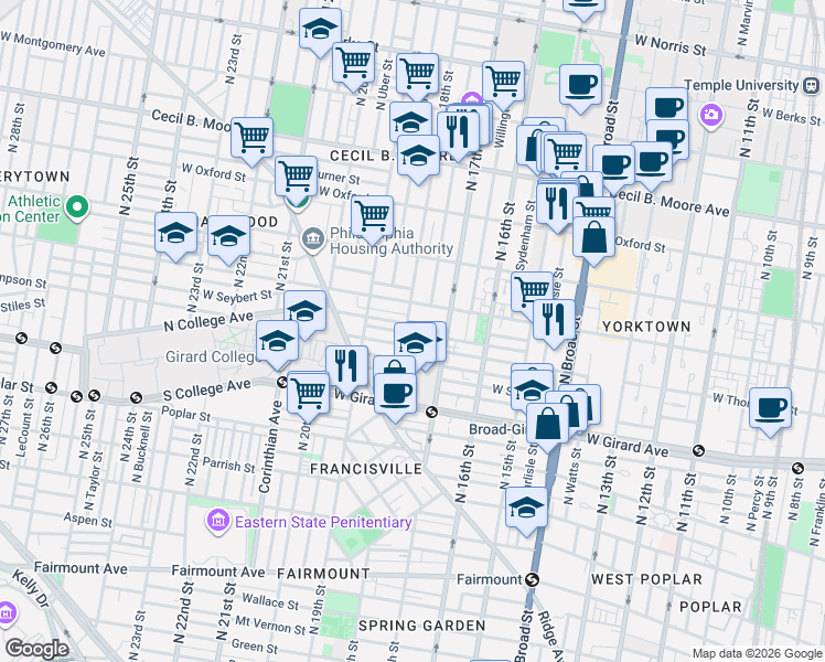 map of restaurants, bars, coffee shops, grocery stores, and more near 1319 North 18th Street in Philadelphia