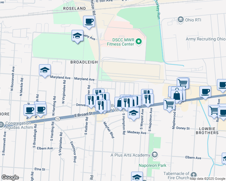 map of restaurants, bars, coffee shops, grocery stores, and more near 125 North Everett Avenue in Columbus