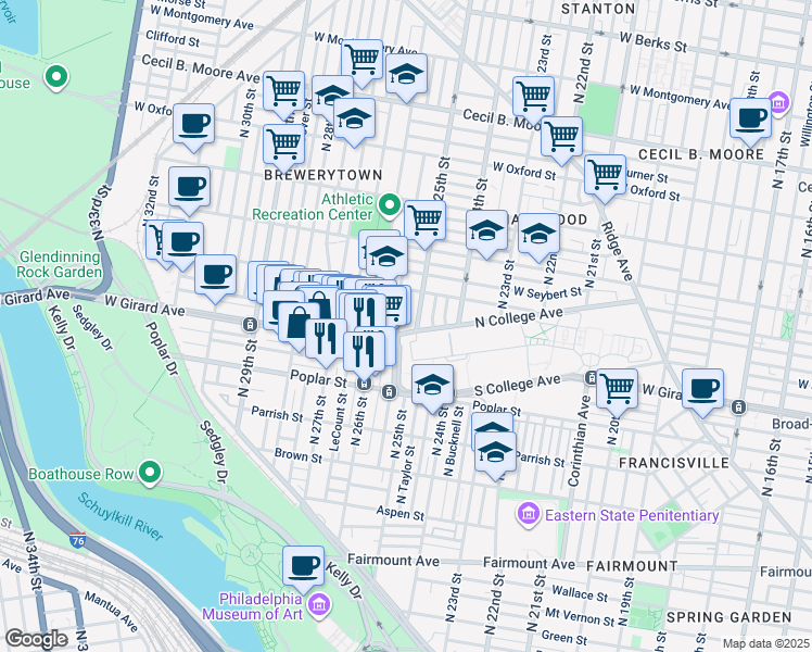 map of restaurants, bars, coffee shops, grocery stores, and more near 2501 North College Avenue in Philadelphia