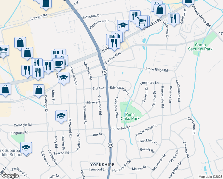 map of restaurants, bars, coffee shops, grocery stores, and more near 3341 Appleford Way in York