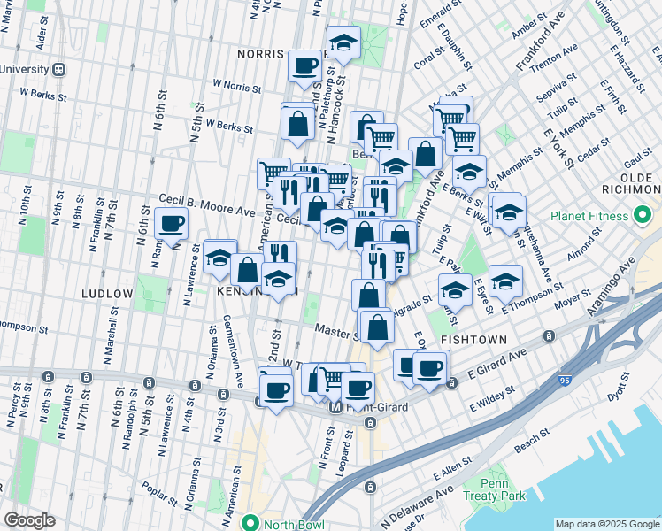 map of restaurants, bars, coffee shops, grocery stores, and more near 136 West Oxford Street in Philadelphia