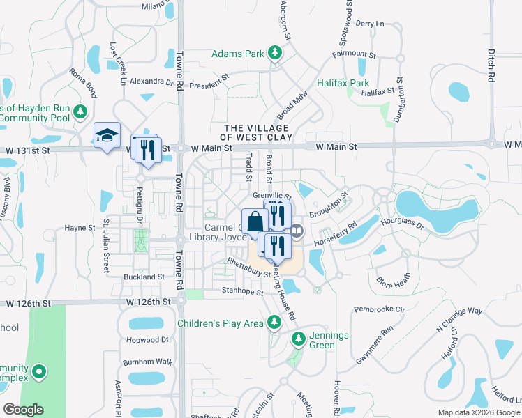 map of restaurants, bars, coffee shops, grocery stores, and more near 12938 University Crescent in Carmel