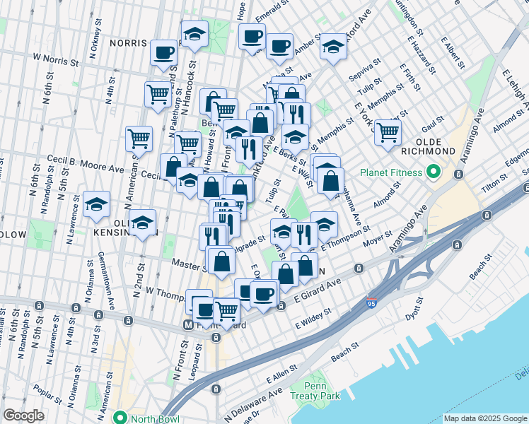 map of restaurants, bars, coffee shops, grocery stores, and more near 1536 Sepviva Street in Philadelphia