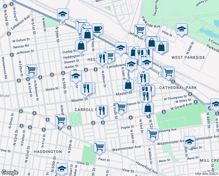 map of restaurants, bars, coffee shops, grocery stores, and more near 1455 North 55th Street in Philadelphia
