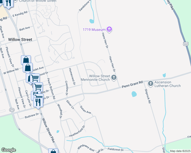 map of restaurants, bars, coffee shops, grocery stores, and more near Covered Wagon Drive in Willow Street