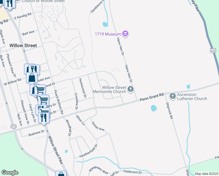 map of restaurants, bars, coffee shops, grocery stores, and more near Covered Wagon Drive in Willow Street