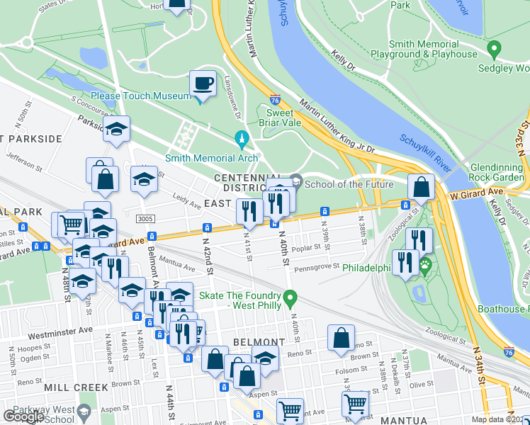 map of restaurants, bars, coffee shops, grocery stores, and more near 4032 Parkside Avenue in Philadelphia
