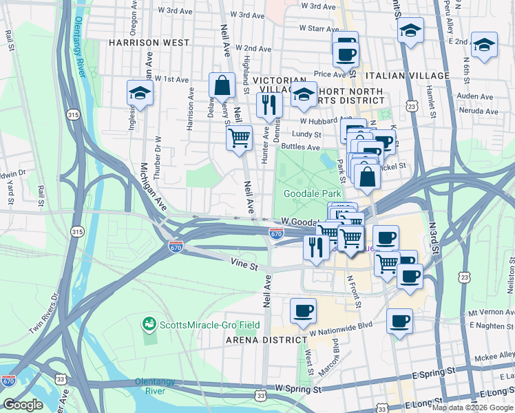 map of restaurants, bars, coffee shops, grocery stores, and more near 249 West Poplar Avenue in Columbus