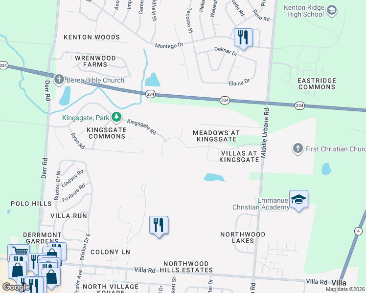 map of restaurants, bars, coffee shops, grocery stores, and more near 1486 Kingsgate Road in Springfield