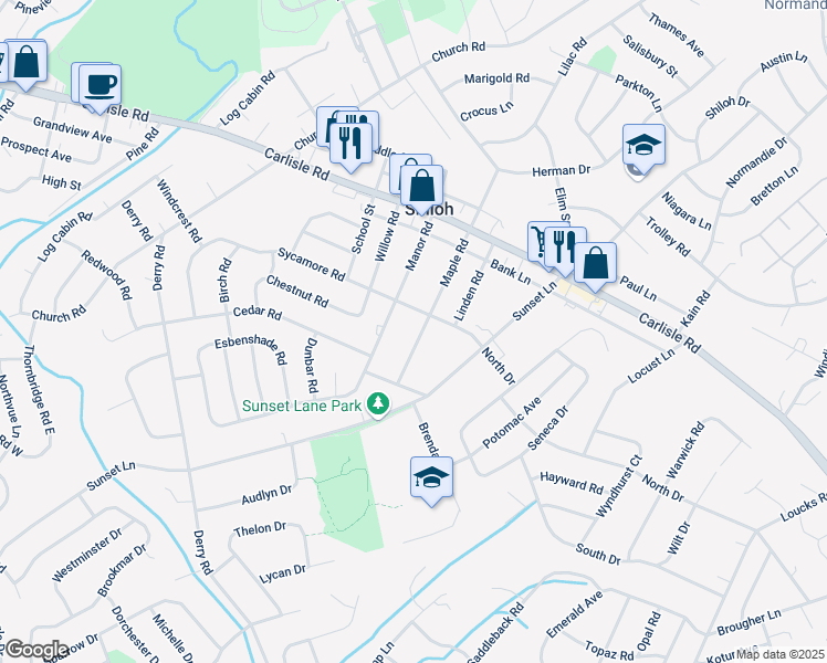 map of restaurants, bars, coffee shops, grocery stores, and more near 2327 Maple Road in York