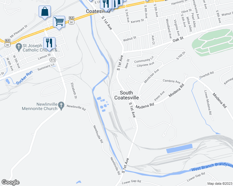map of restaurants, bars, coffee shops, grocery stores, and more near 112 Gibbons Avenue in Coatesville