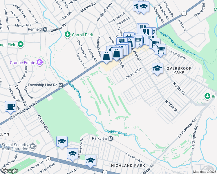 map of restaurants, bars, coffee shops, grocery stores, and more near 1842 Ashurst Road in Philadelphia