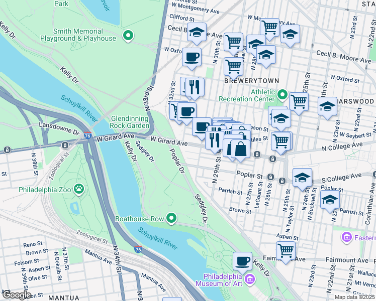 map of restaurants, bars, coffee shops, grocery stores, and more near 3035 West Harper Street in Philadelphia