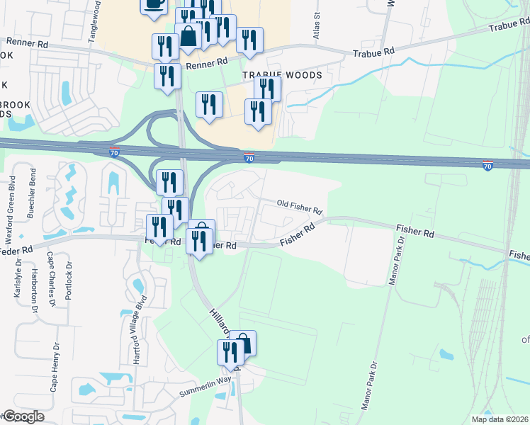 map of restaurants, bars, coffee shops, grocery stores, and more near 1120 Carriage Knoll Lane in Columbus