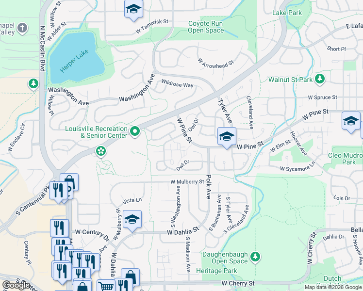 map of restaurants, bars, coffee shops, grocery stores, and more near 802 Owl Drive in Louisville