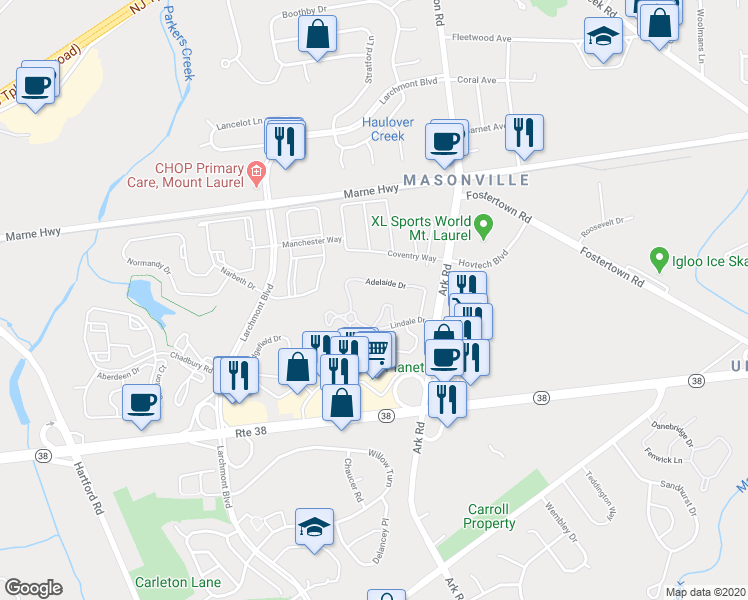 map of restaurants, bars, coffee shops, grocery stores, and more near 4706B Adelaide Drive in Mount Laurel Township