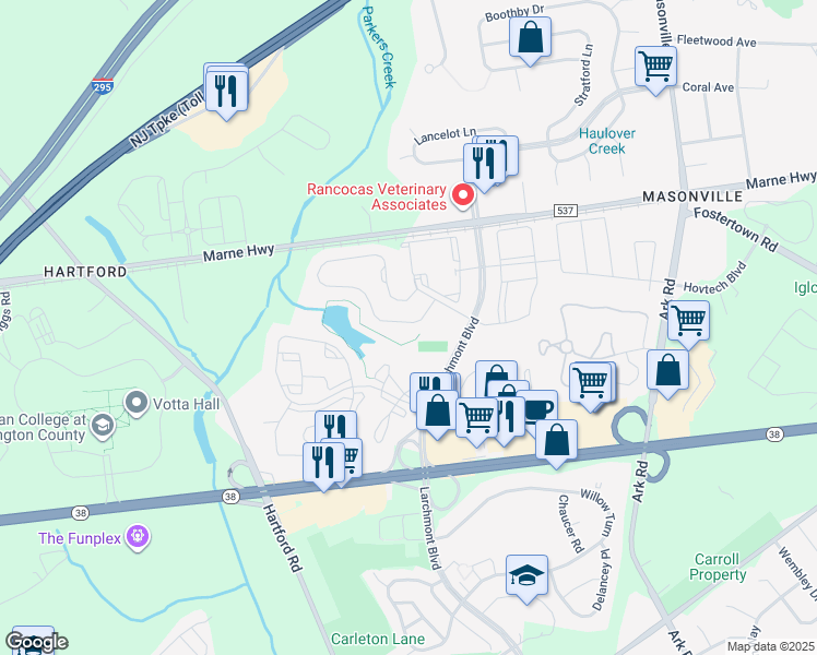 map of restaurants, bars, coffee shops, grocery stores, and more near 6103A Normandy Drive in Mount Laurel