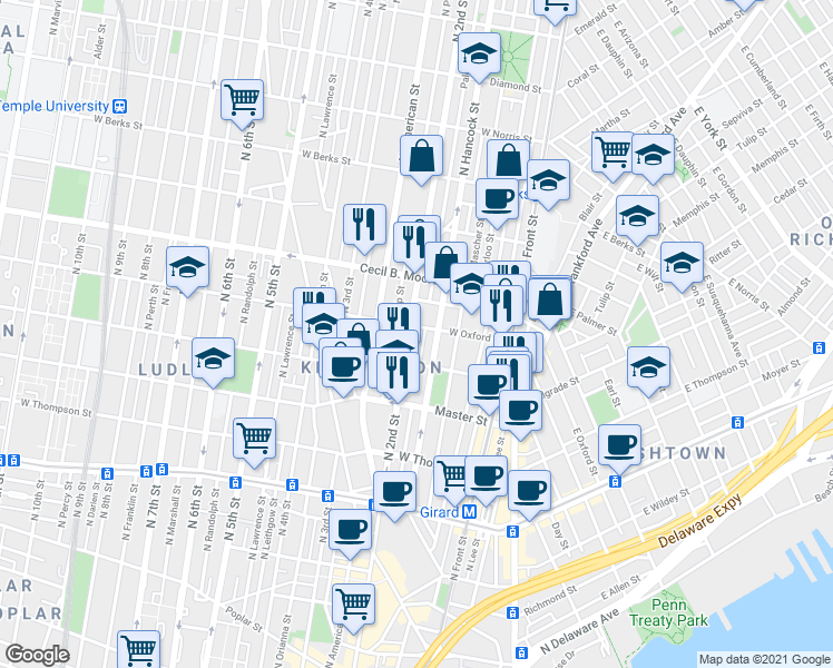 map of restaurants, bars, coffee shops, grocery stores, and more near 1617 North 2nd Street in Philadelphia