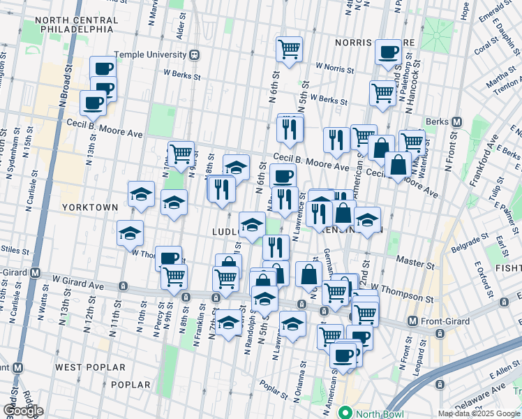 map of restaurants, bars, coffee shops, grocery stores, and more near 1602 North Randolph Street in Philadelphia