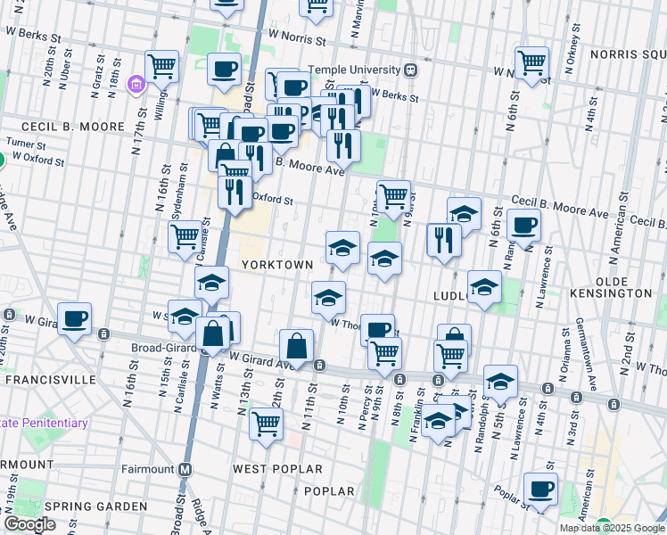map of restaurants, bars, coffee shops, grocery stores, and more near 1449 North 11th Street in Philadelphia