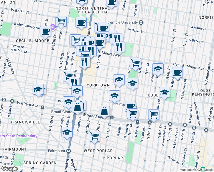 map of restaurants, bars, coffee shops, grocery stores, and more near 1437 North 12th Street in Philadelphia