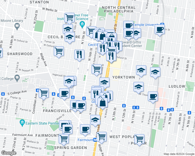 map of restaurants, bars, coffee shops, grocery stores, and more near in Philadelphia