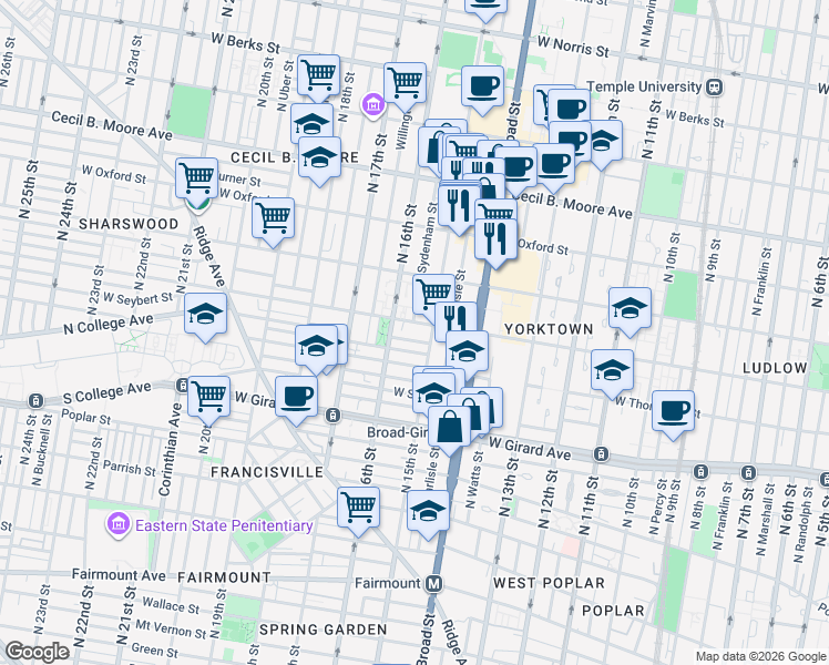 map of restaurants, bars, coffee shops, grocery stores, and more near in Philadelphia