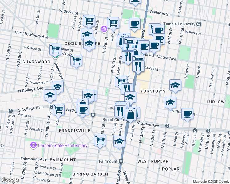 map of restaurants, bars, coffee shops, grocery stores, and more near 4 Master Street in Philadelphia