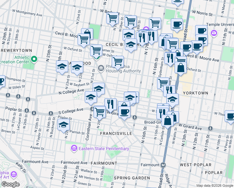 map of restaurants, bars, coffee shops, grocery stores, and more near in Philadelphia