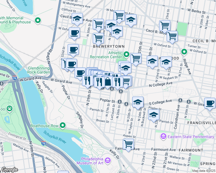 map of restaurants, bars, coffee shops, grocery stores, and more near 2808 West Girard Avenue in Philadelphia