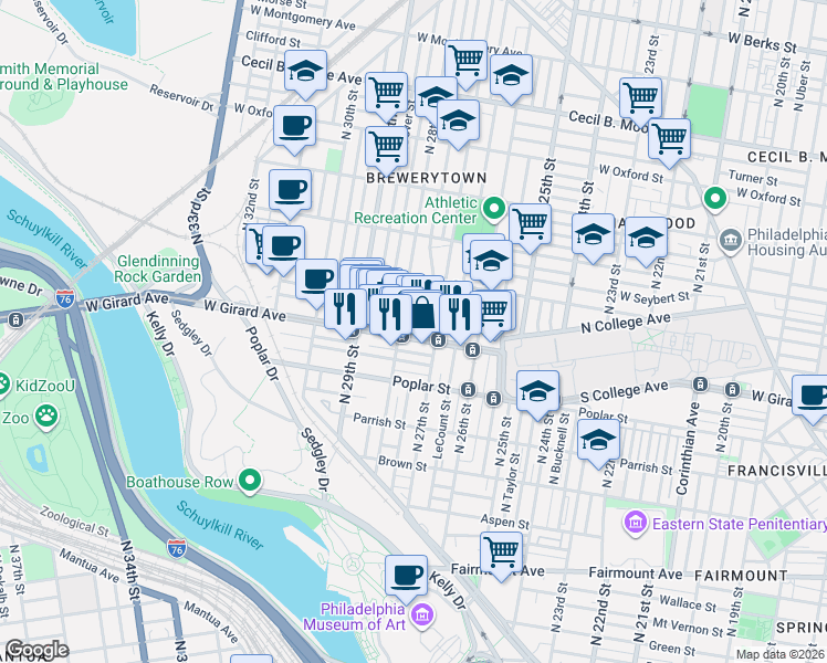 map of restaurants, bars, coffee shops, grocery stores, and more near 1227 North 28th Street in Philadelphia
