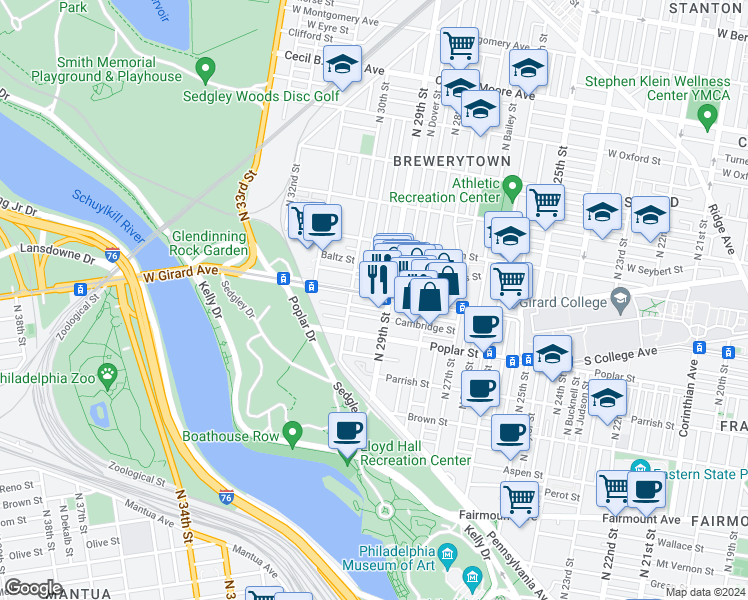 map of restaurants, bars, coffee shops, grocery stores, and more near 2949 West Girard Avenue in Philadelphia