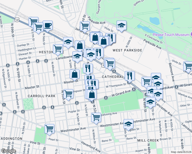 map of restaurants, bars, coffee shops, grocery stores, and more near 5120 Harlan Street in Philadelphia