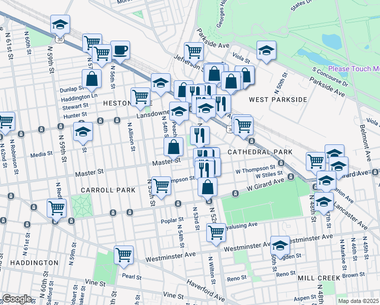 map of restaurants, bars, coffee shops, grocery stores, and more near 1436 North 53rd Street in Philadelphia