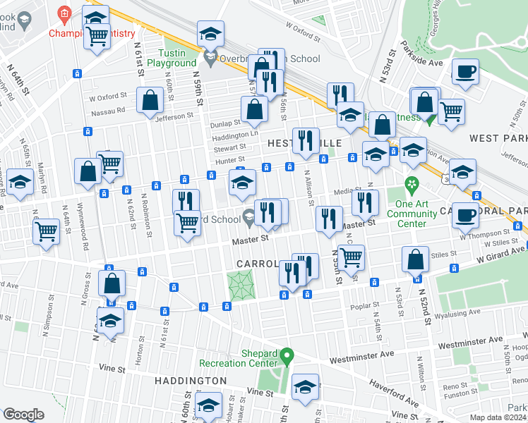 map of restaurants, bars, coffee shops, grocery stores, and more near 1500 North 57th Street in Philadelphia