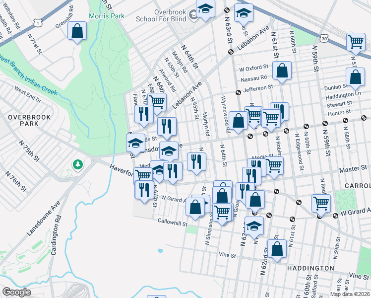 map of restaurants, bars, coffee shops, grocery stores, and more near 6523 Lansdowne Avenue in Philadelphia