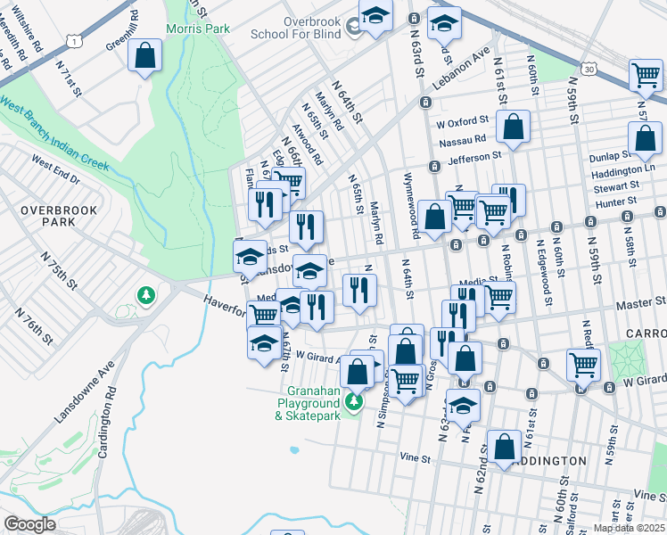 map of restaurants, bars, coffee shops, grocery stores, and more near 6523 Lansdowne Avenue in Philadelphia