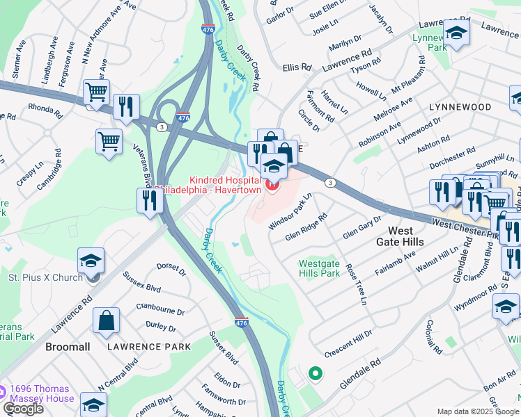 map of restaurants, bars, coffee shops, grocery stores, and more near 2001 Old West Chester Pike in Havertown