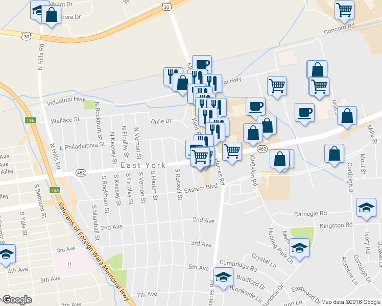 map of restaurants, bars, coffee shops, grocery stores, and more near 24 North Royal Street in East York