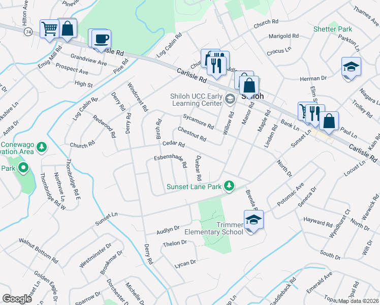 map of restaurants, bars, coffee shops, grocery stores, and more near 2245 Cedar Road in Shiloh