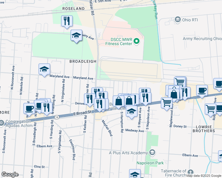 map of restaurants, bars, coffee shops, grocery stores, and more near 125 North Everett Avenue in Columbus