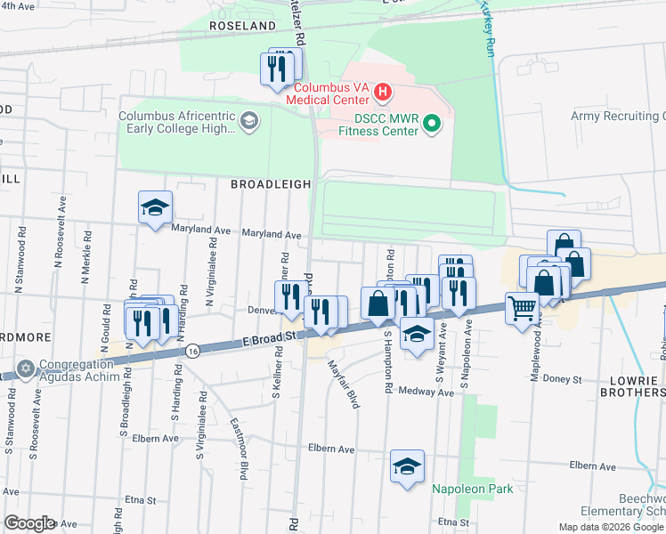 map of restaurants, bars, coffee shops, grocery stores, and more near 3336 Anawanda Avenue in Columbus