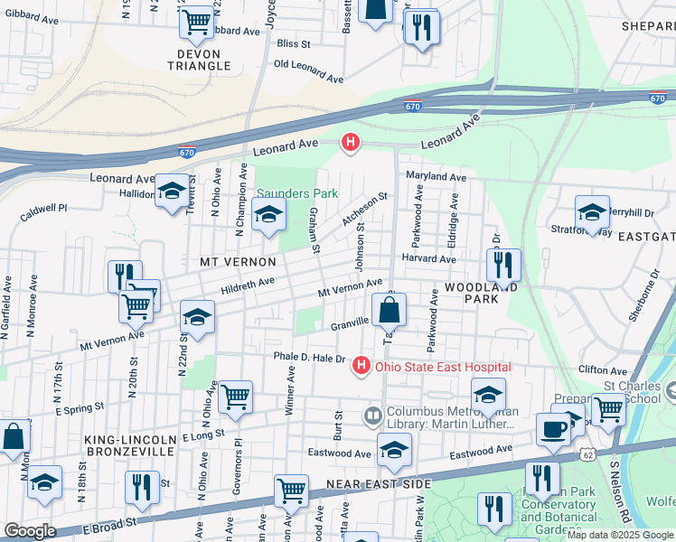 map of restaurants, bars, coffee shops, grocery stores, and more near 1462 Hildreth Avenue in Columbus