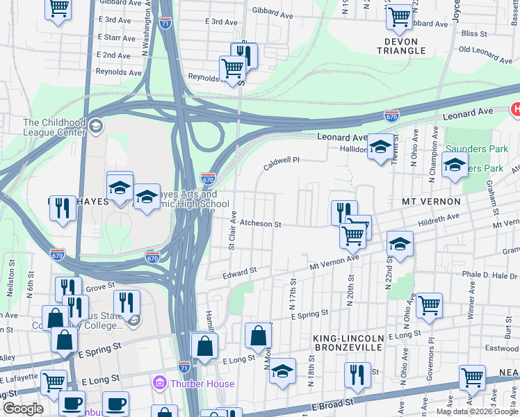 map of restaurants, bars, coffee shops, grocery stores, and more near 905 Leonard Avenue in Columbus